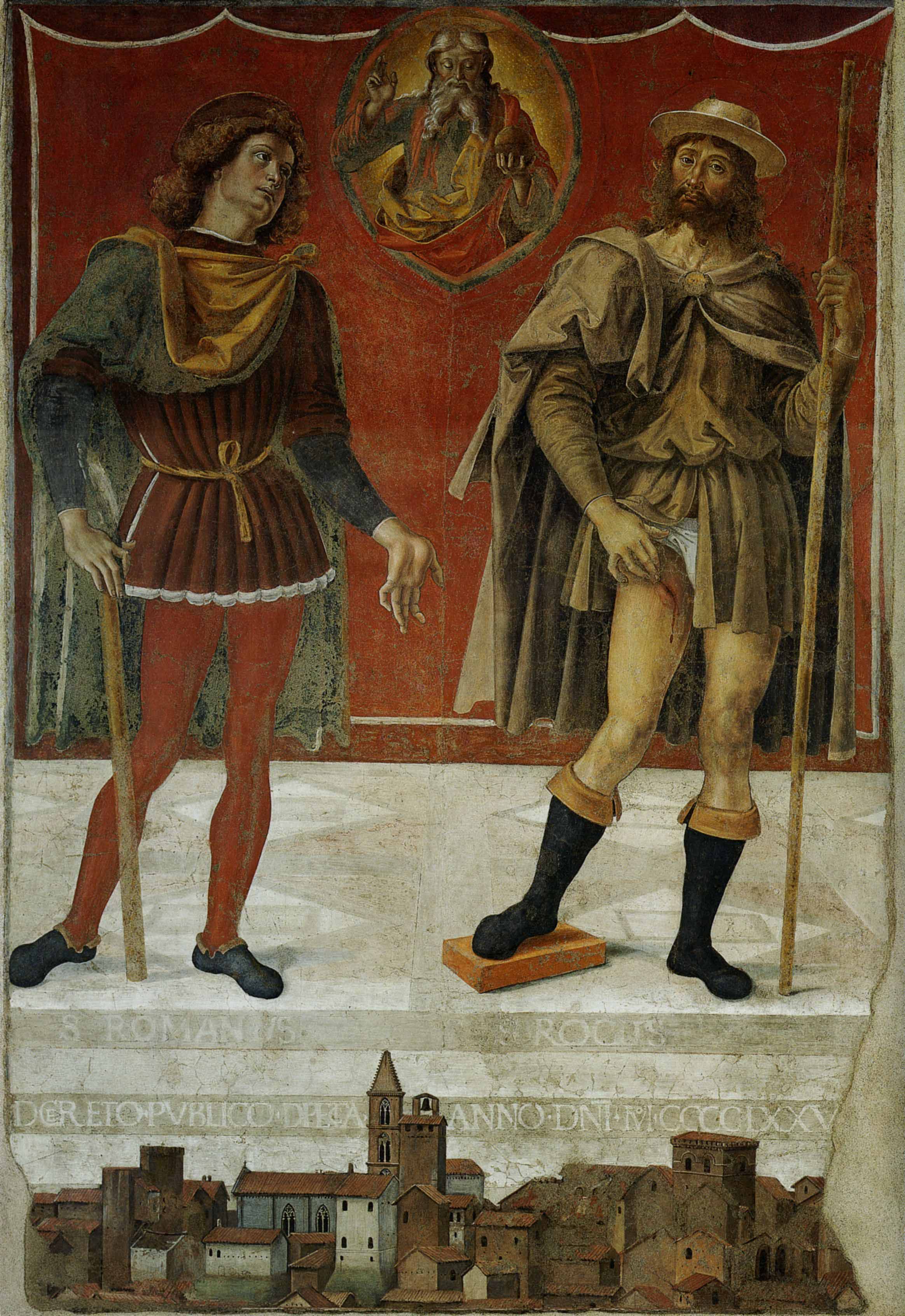 Pietro Perugino: I Santi Romano e Rocco con l’Eterno benedicente e veduta di Deruta Pietro Perugino: I Santi Romano e Rocco con l’Eterno benedicente e veduta di Deruta